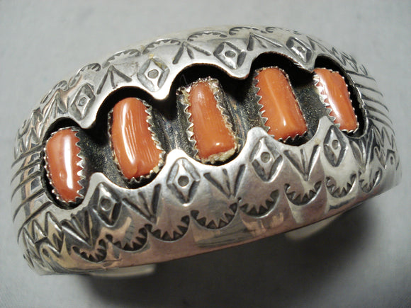 Advanced Technique Vintage Native American Navajo Coral Sterling Silver Bracelet-Nativo Arts