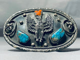 Amaing Vintage Native American Navajo Kingman Turquoise Coral Sterling Silver Eagle Huge Buckle-Nativo Arts