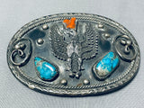 Amaing Vintage Native American Navajo Kingman Turquoise Coral Sterling Silver Eagle Huge Buckle-Nativo Arts