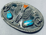 Amaing Vintage Native American Navajo Kingman Turquoise Coral Sterling Silver Eagle Huge Buckle-Nativo Arts