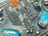 Amaing Vintage Native American Navajo Kingman Turquoise Coral Sterling Silver Eagle Huge Buckle-Nativo Arts