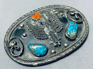 Amaing Vintage Native American Navajo Kingman Turquoise Coral Sterling Silver Eagle Huge Buckle-Nativo Arts