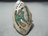 Amazing Intricate Vintage Native American Navajo Turquoise Coral Sterling Silver Inlay Ring-Nativo Arts