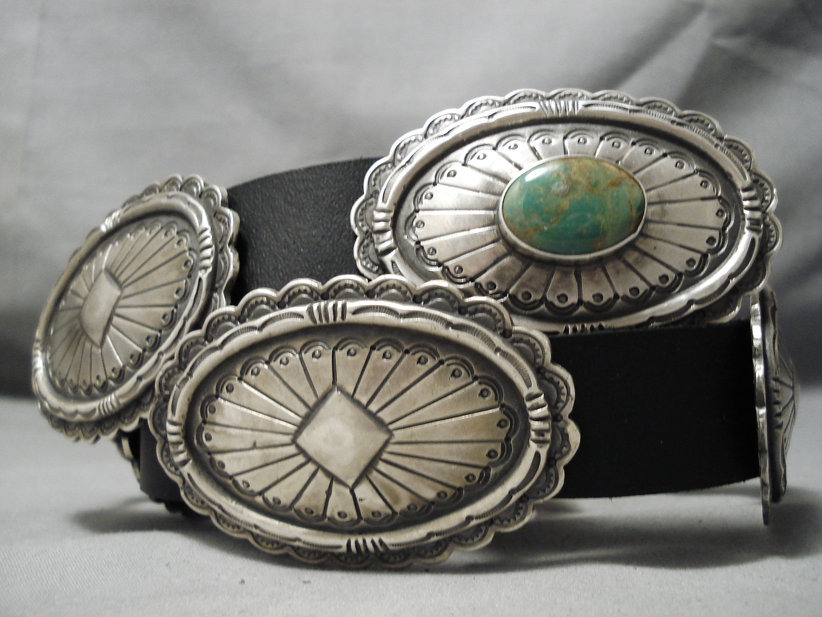 Belt - Vintage Silver Square Conchos with Turquoise - Long Ago & Far Away