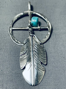 Amazing Native American Navajo Signed Kingman Turquoise Sterling Silver Dream Catcher Pendant-Nativo Arts