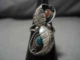 Amazing Navajo Native American Turquoise Coral Sterling Silver Ring Old-Nativo Arts