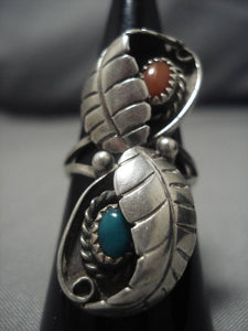 Amazing Navajo Native American Turquoise Coral Sterling Silver Ring Old-Nativo Arts