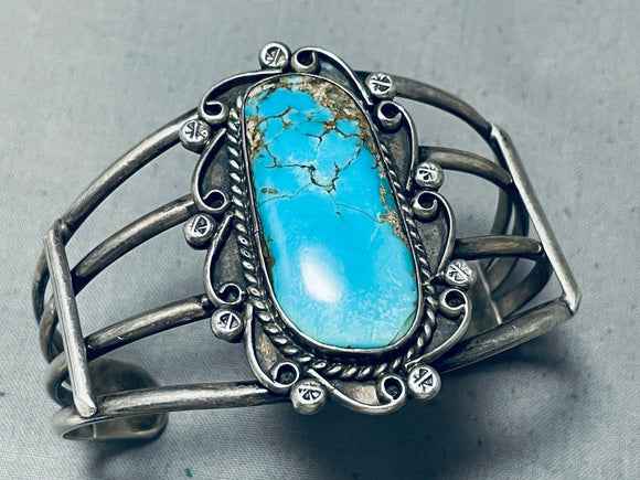 Amazing Swirling Silver Works Vintage Native American Navajo Morenci Turquoise Sterling Bracelet-Nativo Arts