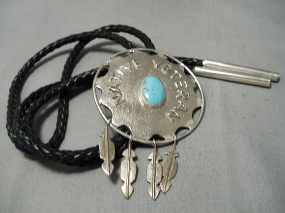 Amazing Vintage Native American Navajo Blue Gem Turquoise Sterling Silver Bolo Tie Old-Nativo Arts