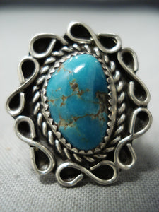 Amazing Vintage Native American Navajo Blue Gem Turquoise Sterling Silver Ring Old-Nativo Arts