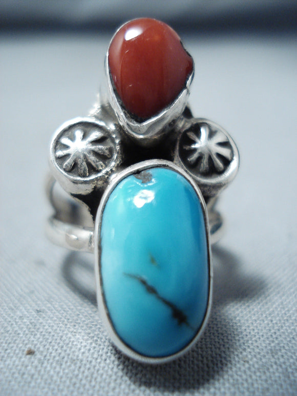 Amazing Vintage Native American Navajo Blue Turquoise Coral Sterling Silver Ring-Nativo Arts
