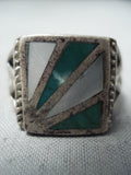 Amazing Vintage Native American Navajo Green Turquoise Mother Of Pearl Sterling Silver Ring Old-Nativo Arts