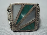 Amazing Vintage Native American Navajo Green Turquoise Mother Of Pearl Sterling Silver Ring Old-Nativo Arts