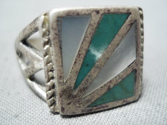 Amazing Vintage Native American Navajo Green Turquoise Mother Of Pearl Sterling Silver Ring Old-Nativo Arts