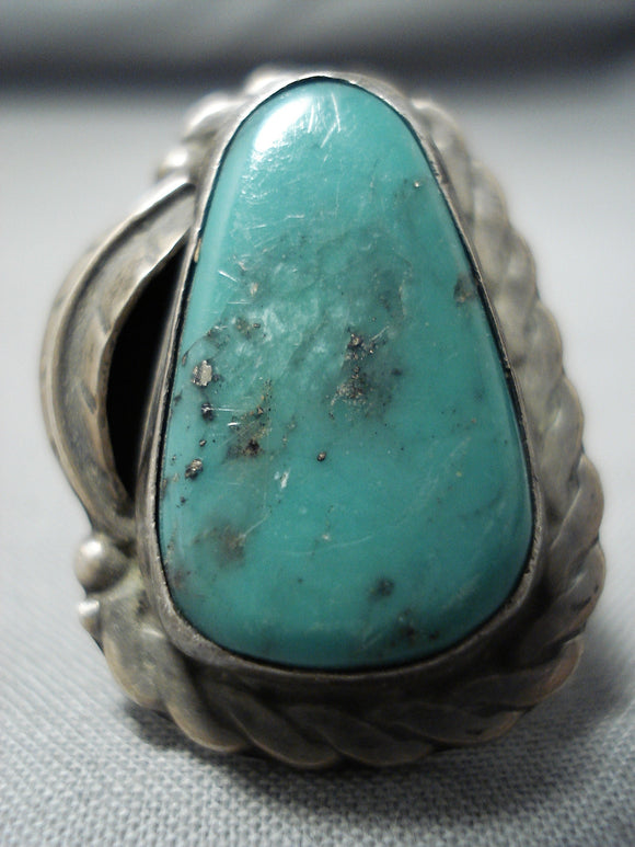 Amazing Vintage Native American Navajo Leaf Green Turquoise Sterling Silver Ring Old-Nativo Arts