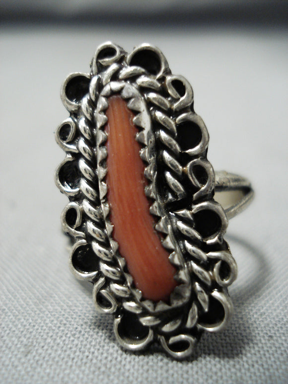 Amazing Vintage Native American Navajo Long Coral Sterling Silver Swirl Ring Old-Nativo Arts