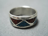 Amazing Vintage Native American Navajo Turquoise Coral Inlay Sterling Silver Ring Old-Nativo Arts