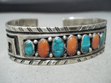 Amazing Vintage Native American Navajo Turquoise Coral Sterling Silver Geometric Bracelet Old-Nativo Arts