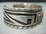 Amazing Vintage Native American Navajo Turquoise Coral Sterling Silver Geometric Bracelet Old-Nativo Arts