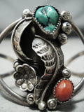 Amazing Vintage Native American Navajo Turquoise Coral Sterling Silver Leaf Bracelet-Nativo Arts