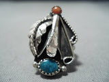 Amazing Vintage Native American Navajo Turquoise & Coral Sterling Silver Ring Old-Nativo Arts
