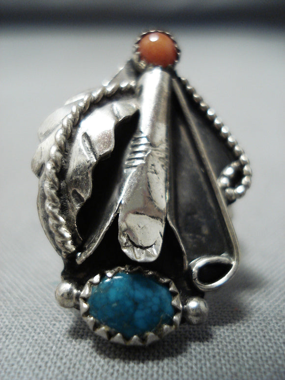 Amazing Vintage Native American Navajo Turquoise & Coral Sterling Silver Ring Old-Nativo Arts