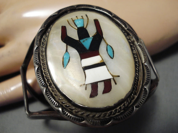 Amazing Vintage Native American Navajo Turquoise Dancer Coral Sterling Silver Bracelet-Nativo Arts