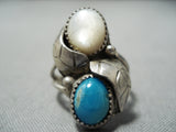 Amazing Vintage Native American Navajo Turquoise Pearl Sterling Silver Leaf Ring Old-Nativo Arts