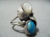 Amazing Vintage Native American Navajo Turquoise Pearl Sterling Silver Leaf Ring Old-Nativo Arts