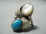 Amazing Vintage Native American Navajo Turquoise Pearl Sterling Silver Leaf Ring Old-Nativo Arts