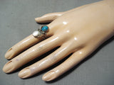Amazing Vintage Native American Navajo Turquoise Pearl Sterling Silver Leaf Ring Old-Nativo Arts