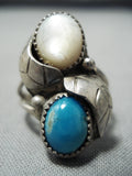Amazing Vintage Native American Navajo Turquoise Pearl Sterling Silver Leaf Ring Old-Nativo Arts