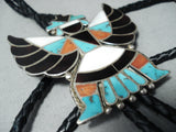 Amazing Vintage Native American Zuni Turquoise Coral Jet Sterling Silver Knifewing Bolo-Nativo Arts