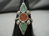 Amazing Vintage Zuni Native American Coral Green Turquoise Sterling Silver Ring-Nativo Arts