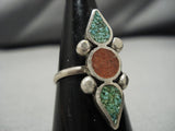 Amazing Vintage Zuni Native American Coral Green Turquoise Sterling Silver Ring-Nativo Arts