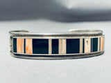 Ant Yazzie Vintage Native American Navajo Signed Inlay Jet Shell Sterling Silver Bracelet-Nativo Arts