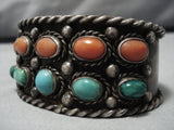 Astonishing Vintage Native American Navajo Coral Green Turquoise Sterling Silver Bracelet Old-Nativo Arts