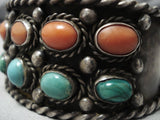 Astonishing Vintage Native American Navajo Coral Green Turquoise Sterling Silver Bracelet Old-Nativo Arts