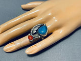 Astonishing Vintage Native American Navajo Kingman Turquoise Coral Sterling Silver Ring-Nativo Arts