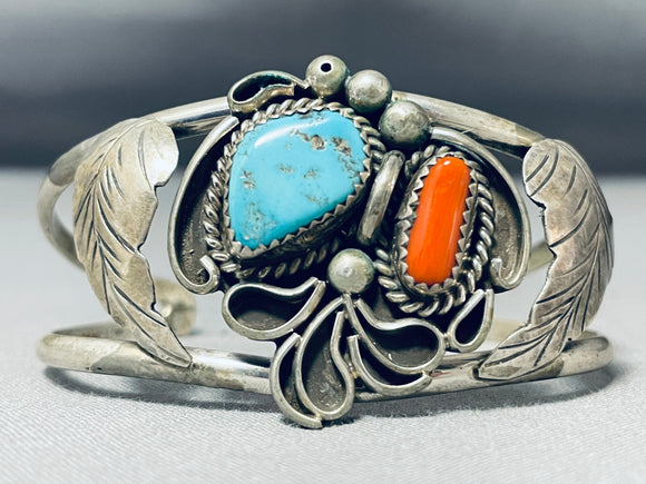 Astounding Vintage Native American Navajo Blue Gem Turquoise & Coral Sterling Silver Bracelet-Nativo Arts
