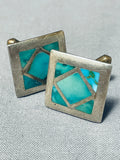 Astounding Vintage Native American Navajo Blue Gem Turquoise Sterling Silver Cufflinks-Nativo Arts