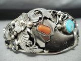 Authentic Bear Native American Navajo Turquoise Coral Sterling Silver Leaf Bracelet-Nativo Arts