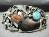 Authentic Bear Native American Navajo Turquoise Coral Sterling Silver Leaf Bracelet-Nativo Arts