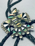 Authentic Older Vintage Native American Zuni Green Turquoise Inlay Sterling Silver Bolo Tie-Nativo Arts