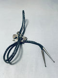 Authentic Older Vintage Native American Zuni Green Turquoise Inlay Sterling Silver Bolo Tie-Nativo Arts