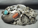 Authentic Signed Native American Navajo Turquoise Coral Sterliing Silver Bracelet-Nativo Arts