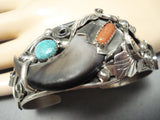 Authentic Signed Native American Navajo Turquoise Coral Sterliing Silver Bracelet-Nativo Arts