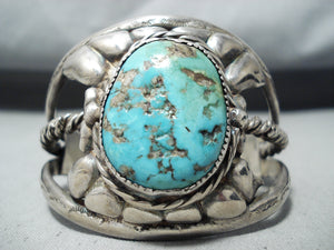 Authentic Signed Vintage Native American Navajo Blue Gem Turquoise Sterling Silver Bracelet-Nativo Arts