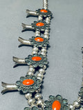 Authentic Vintage Native American Navajo Coral Sterling Silver Squash Blossom Necklace-Nativo Arts