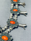 Authentic Vintage Native American Navajo Coral Sterling Silver Squash Blossom Necklace-Nativo Arts